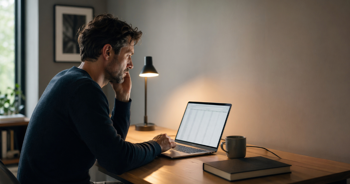 Freelancer working on a laptop with a blurred spreadsheet grid on screen in a clean, modern workspace