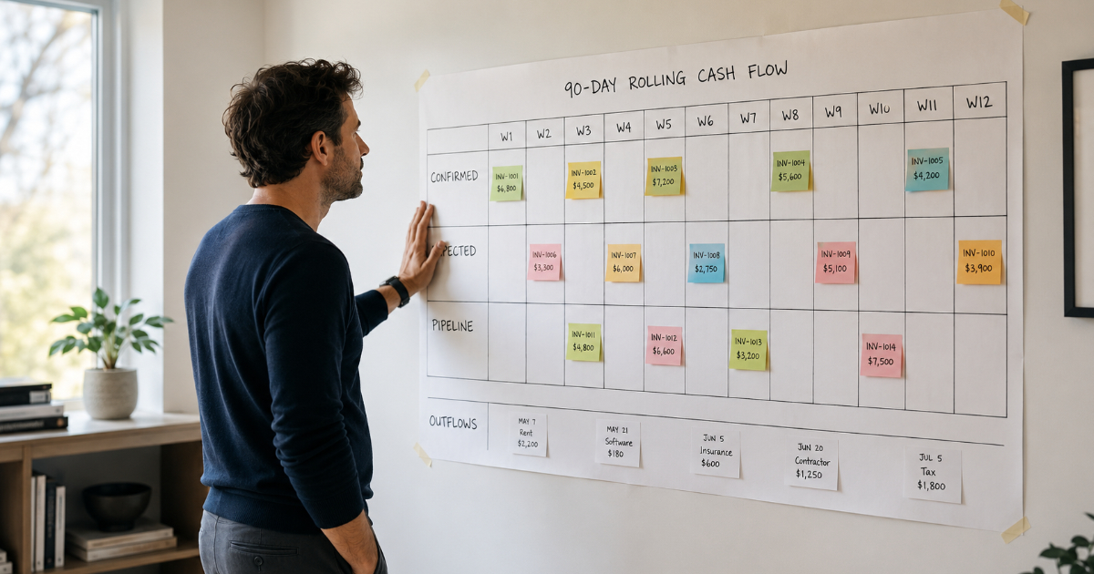 Freelancer studying a wall-mounted 90-day cash flow chart with Confirmed, Expected, and Pipeline invoice lanes mapped week by week