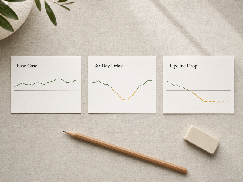 Three stress-test scenario cards showing how a 30-day payment delay and weaker pipeline affect a 90-day cash forecast