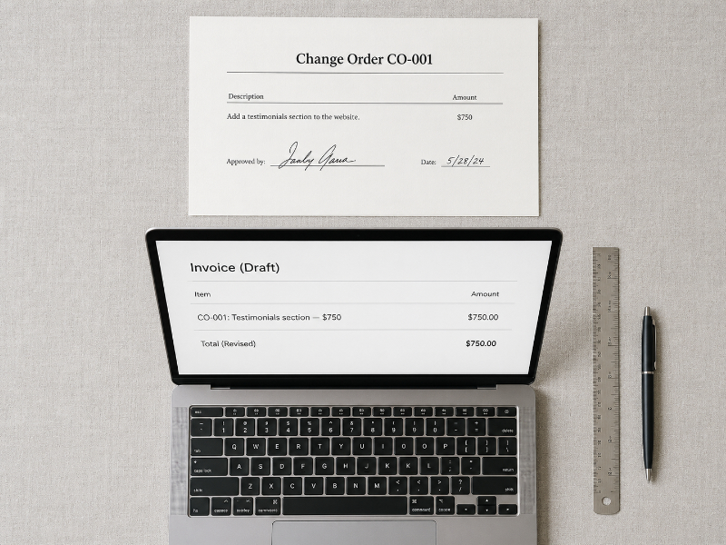 Overhead view of a change order document next to a laptop showing an updated invoice with a new line item