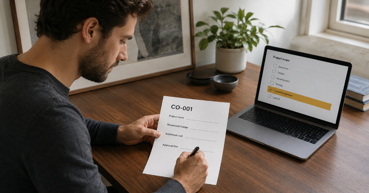 Freelancer writing a change order document at a clean desk with a laptop showing a revised project scope