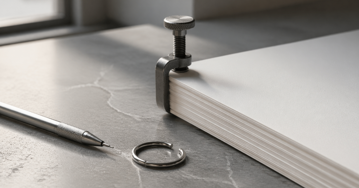 Editorial still life of a clamp holding a blank paper stack with a pencil and metal ring on stone