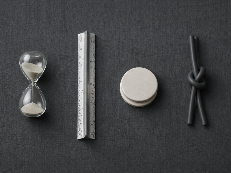Overhead sequence of hourglass, ruler, stacked tokens, and knotted cable on linen suggesting onboarding steps