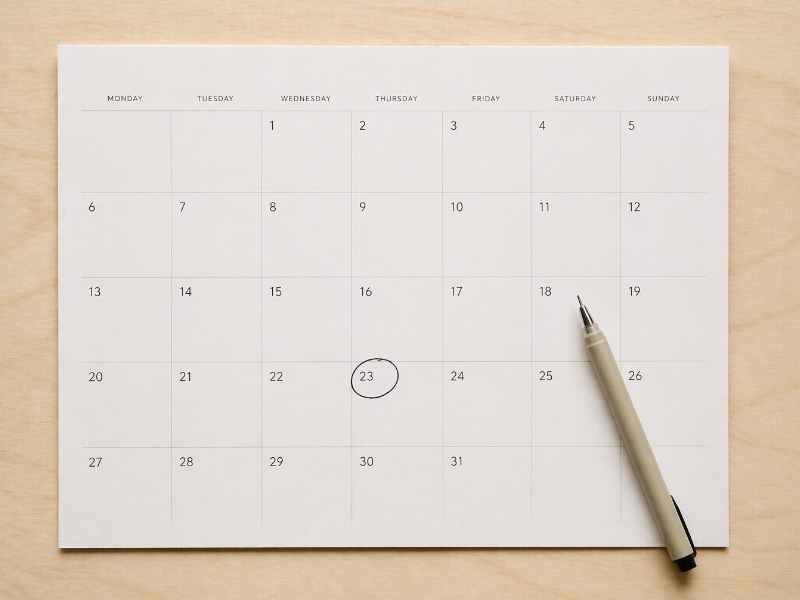 Clean calendar page with a single date circled beside a pen, representing a defined invoicing schedule