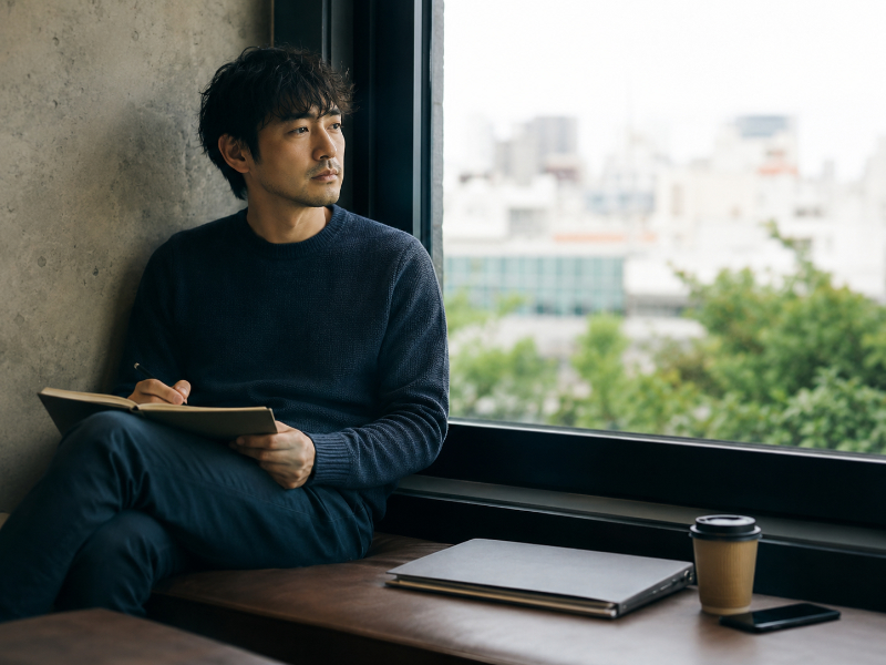 A freelancer waits thoughtfully by a window with a closed folder while a phone sits face-down