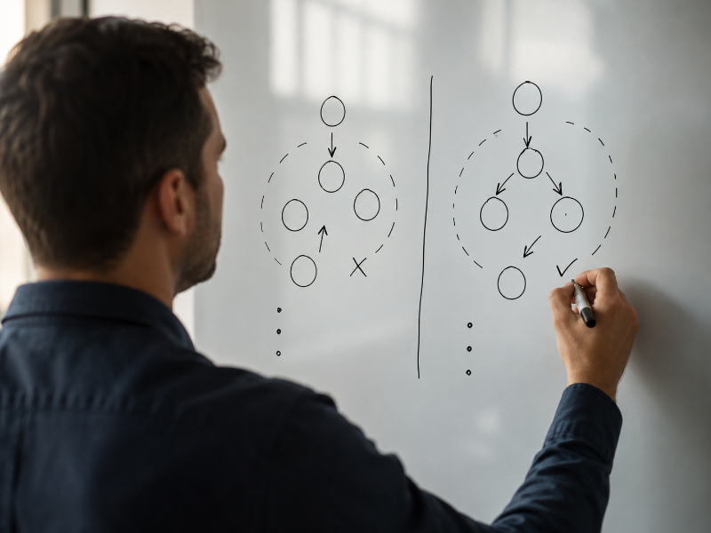 Someone drawing two simplified option zones on a meeting whiteboard during a repricing discussion