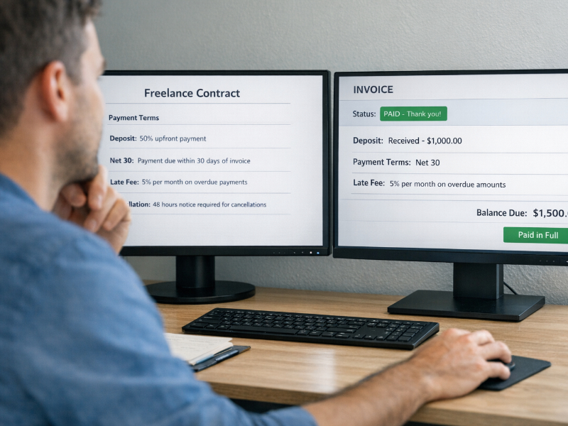 Freelancer reviewing a freelance contract and matching invoice payment terms on dual monitors, showing deposit received, net 30 terms, and late fee policy.