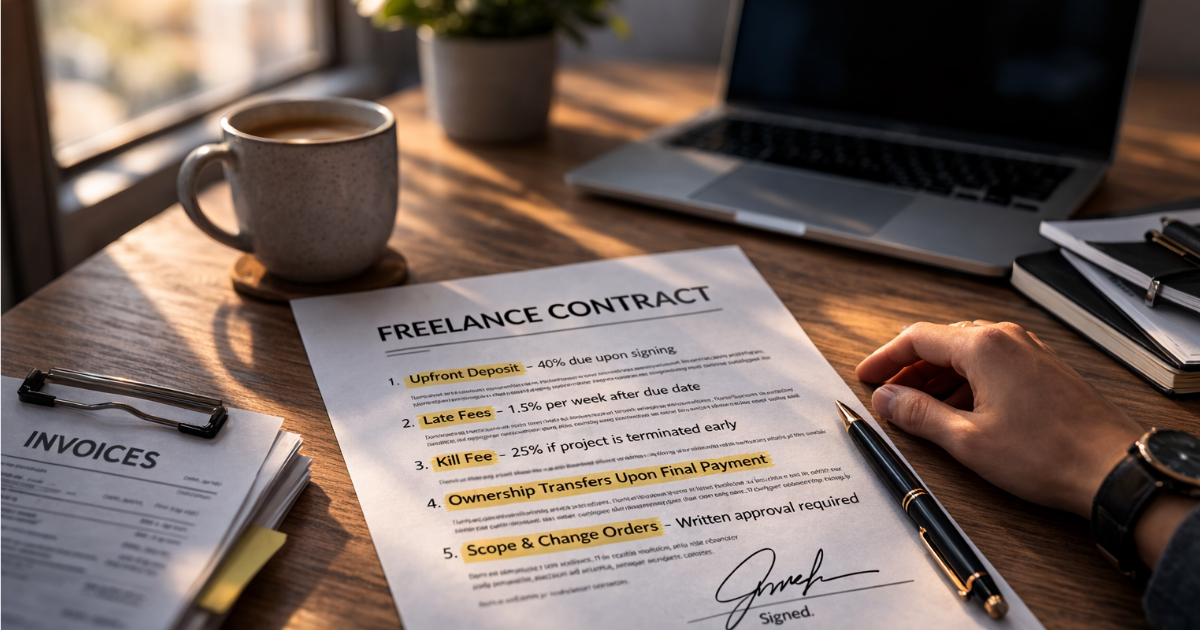 Signed freelance contract on a wooden desk with key payment protection clauses highlighted, including deposit, late fees, kill fee, ownership transfer, and scope changes.