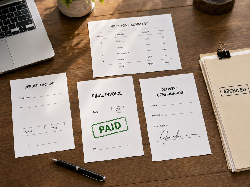 Paid final invoice, milestone summary, and archived project records arranged on a desk