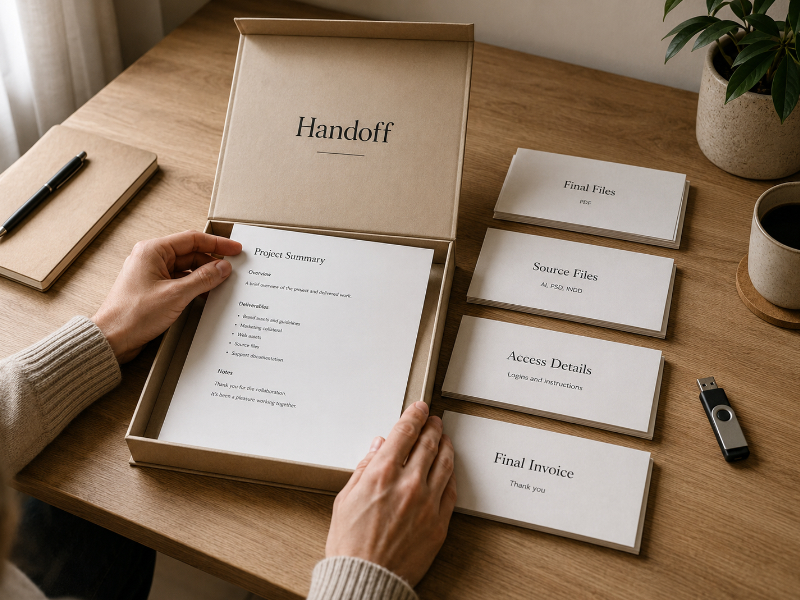 Freelancer organizing final files, access details, and invoice documents for a client handoff