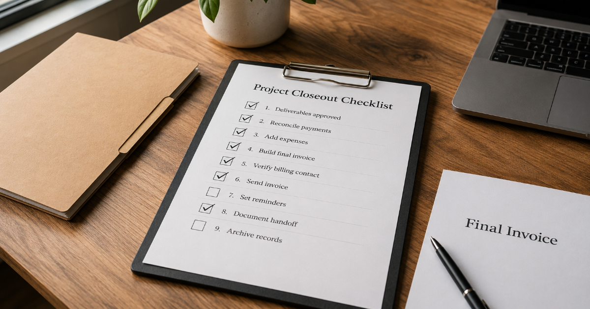 Clipboard with a project closeout checklist, final invoice, and project folder on a wooden desk
