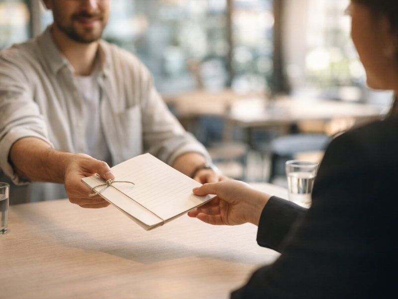 Freelancer sliding a document across a small table to a client in a bright co-working space, capturing the quote acceptance moment