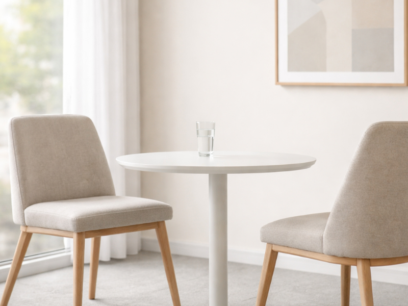 Empty two-chair meeting nook with daylight, suggesting steady client collaboration and clear ongoing terms