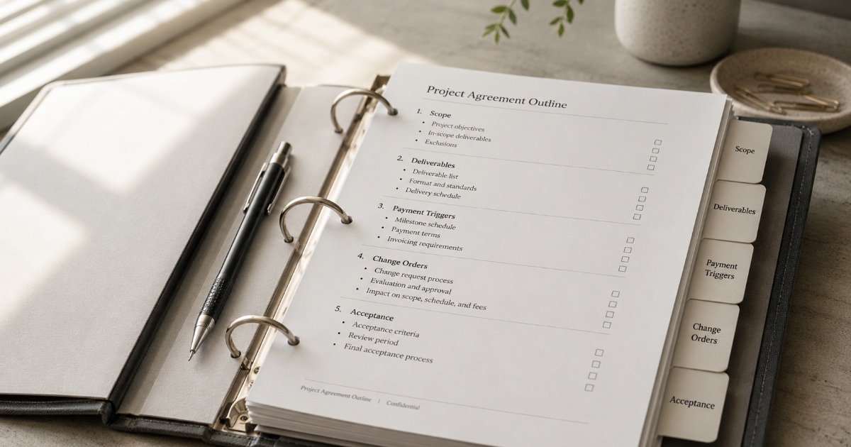 Open project binder with tabbed Statement of Work sections for scope, deliverables, and payment triggers
