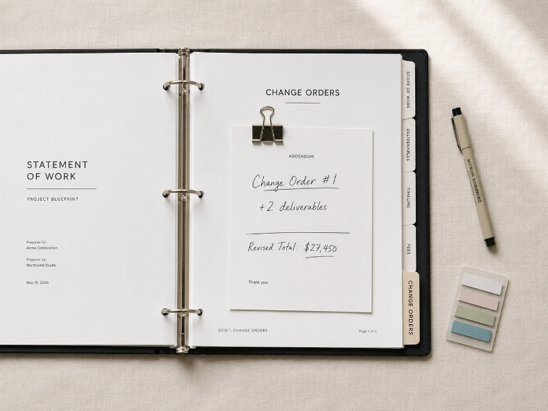 Change order addendum clipped to a Statement of Work binder tab for revised deliverables