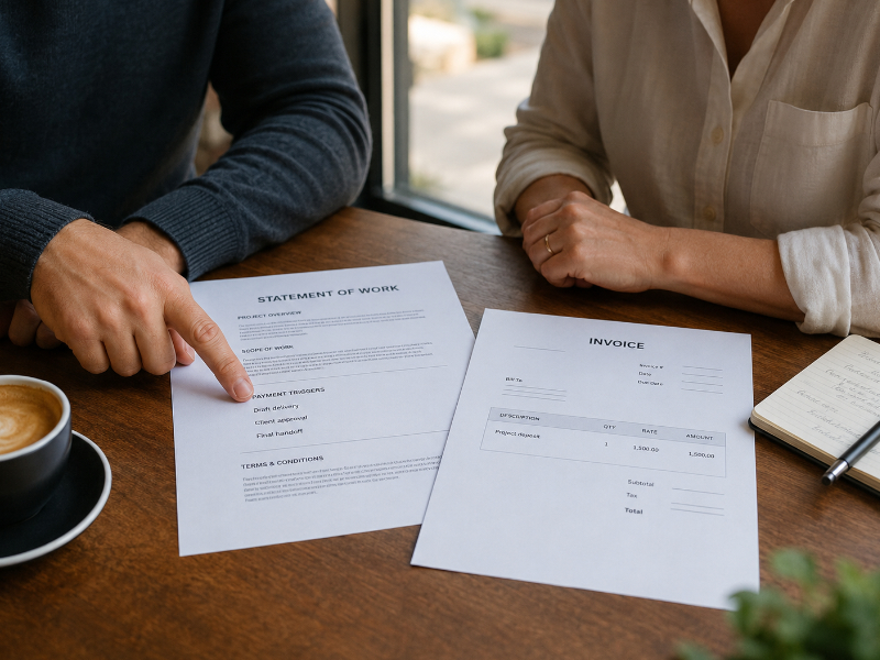 Freelancer and client reviewing Statement of Work payment trigger lines before invoicing