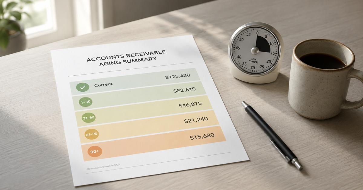 Printed accounts receivable aging summary with five color-coded buckets beside a 15-minute timer on a freelancer desk