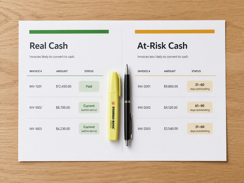 Overhead view of an AR summary split into Real Cash and At-Risk Cash zones with outstanding invoice rows in each