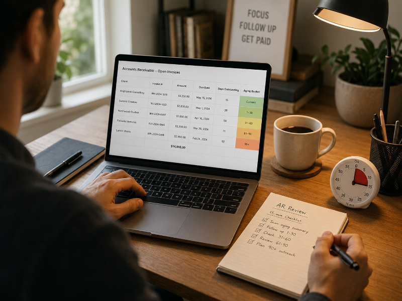 Freelancer running a 15-minute weekly accounts receivable review on a laptop spreadsheet with aging bucket columns