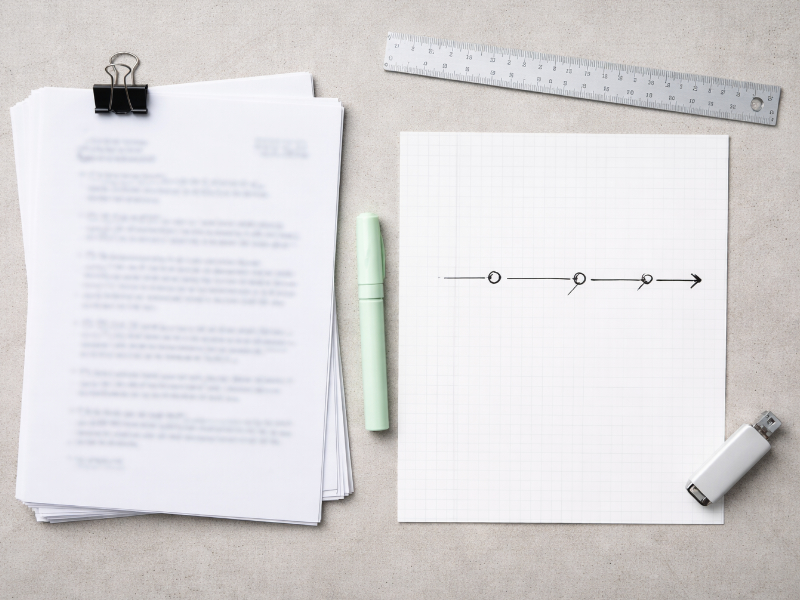 Overhead view of clipped printouts, a timeline sketch on graph paper, and office tools arranged for organizing payment dispute evidence