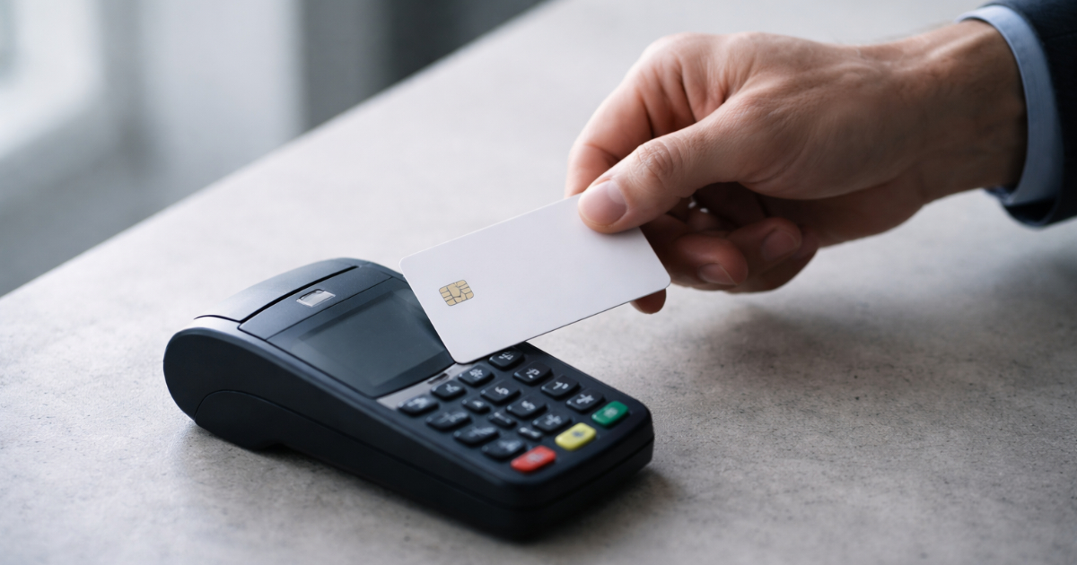 Hands withdrawing a payment card from a chip reader on a minimal surface, suggesting a reversed or disputed card payment