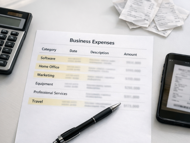Spreadsheet tracking freelancer business expenses by category