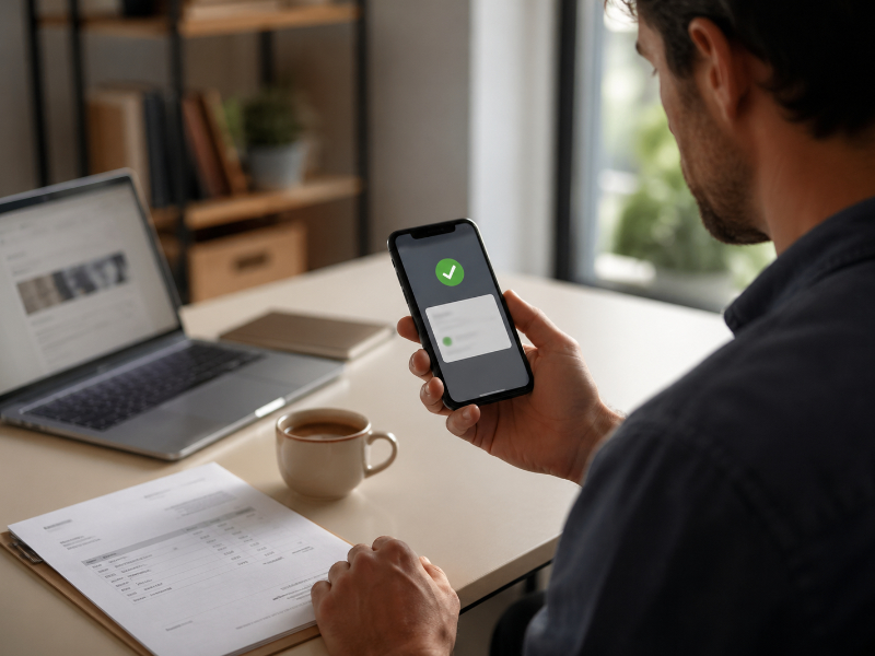 Freelancer at a desk checking a payment notification on their phone beside a printed invoice
