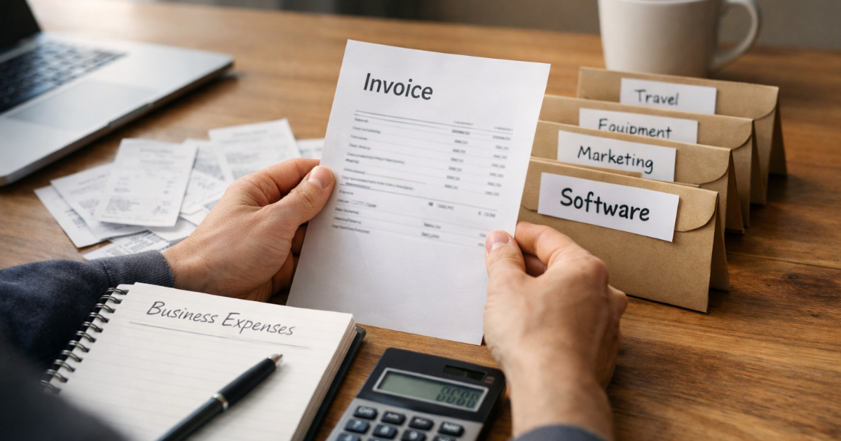 Freelancer organizing receipts and financial documents to track tax deductions