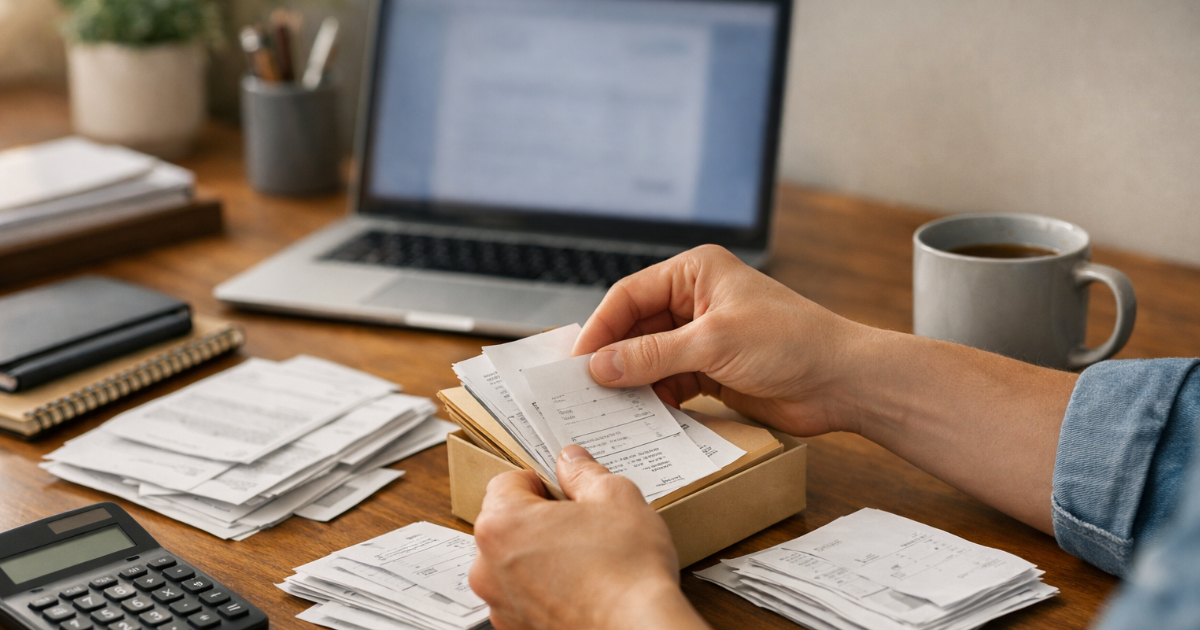 Freelancer organizing invoices and receipts at a home office desk for tax preparation