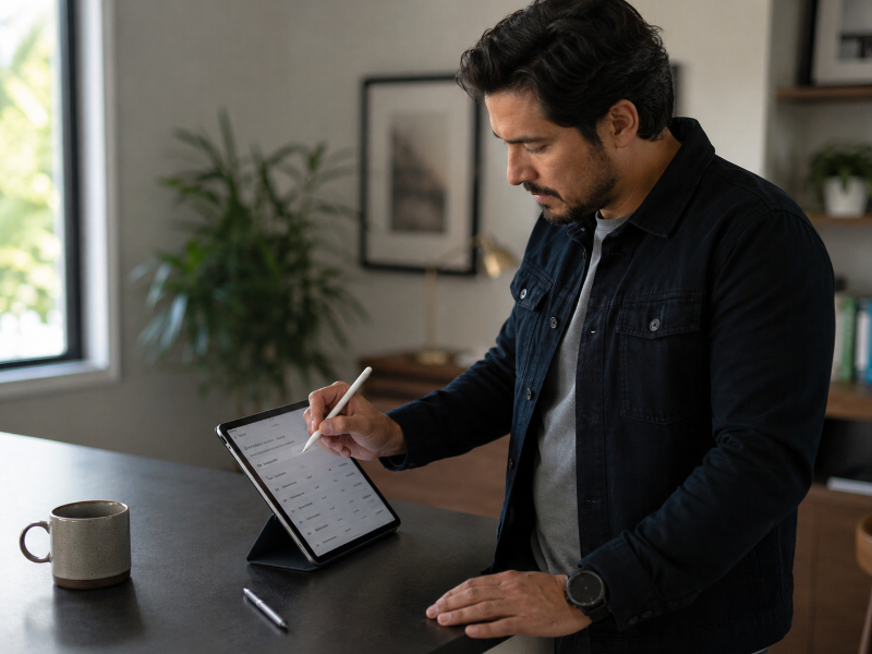 Freelancer writing invoice line items on a tablet at a standing desk