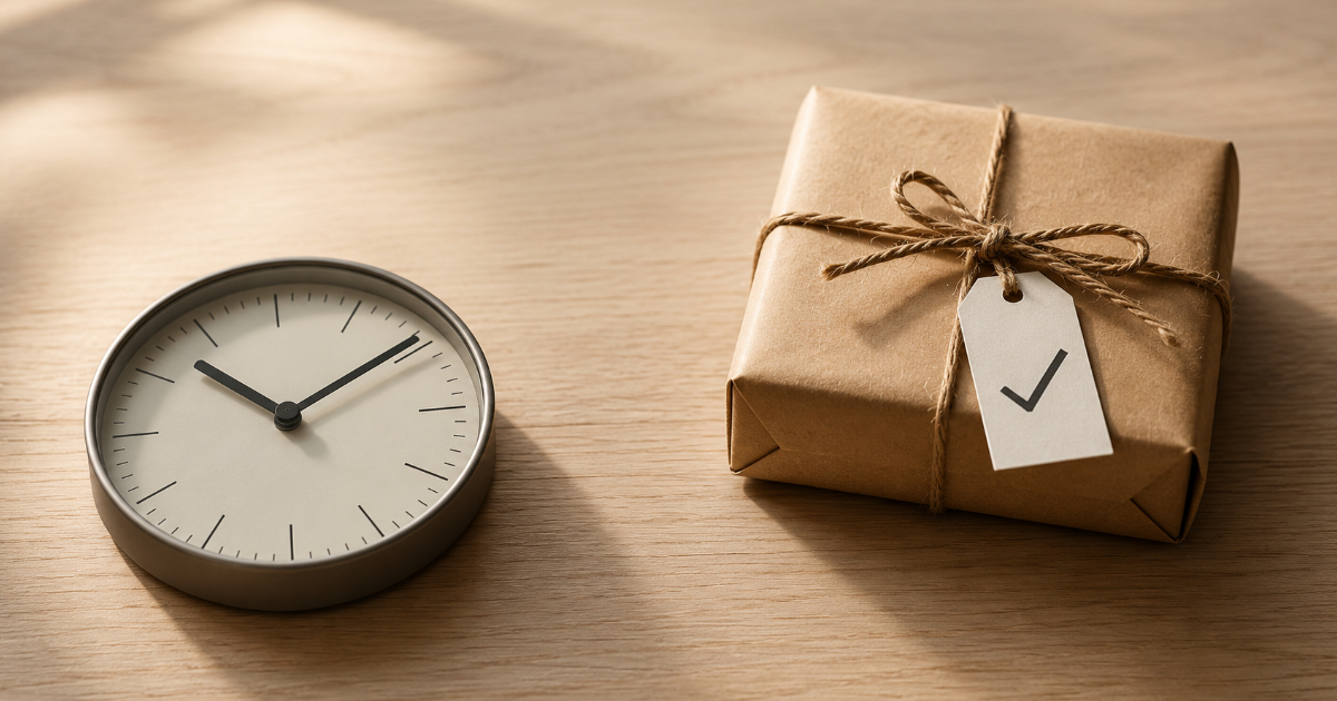 A clock and a wrapped deliverable package separated by space, representing the choice between billing for time and billing for outcomes
