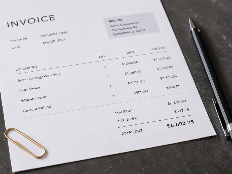 Close-up of a single printed invoice with clear deliverable-based line items on a dark surface