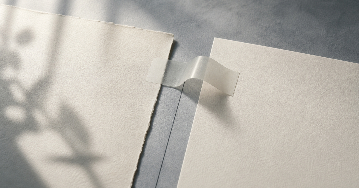 Two offset cream paper sheets bridged by a precise guideline and a peeling archival tab, suggesting a calm professional invoice correction