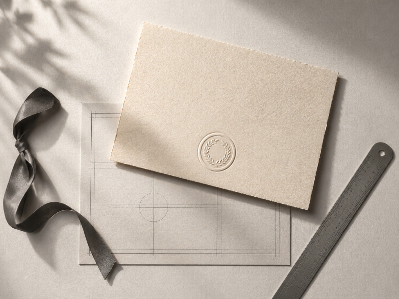 Overhead minimalist arrangement suggesting a formal paid-invoice adjustment: parchment card, subtle seal motif, and precise ruled alignment