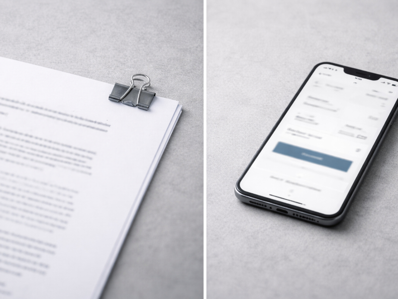Printed invoice page beside a phone with a blurred screen, illustrating PDF attachment versus a payment link