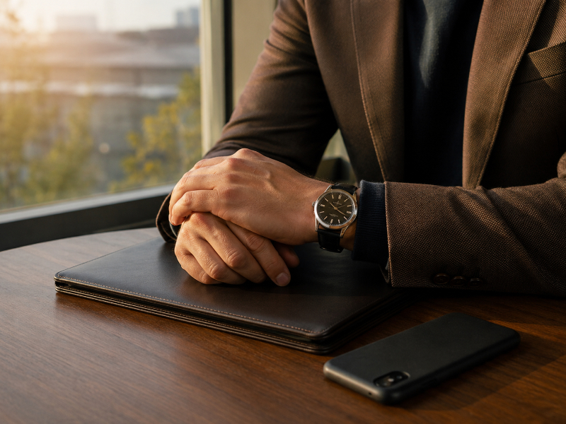 Close-up of a freelancer's hands and wristwatch beside a closed portfolio near a window, suggesting timing follow-ups to the client's business rhythm