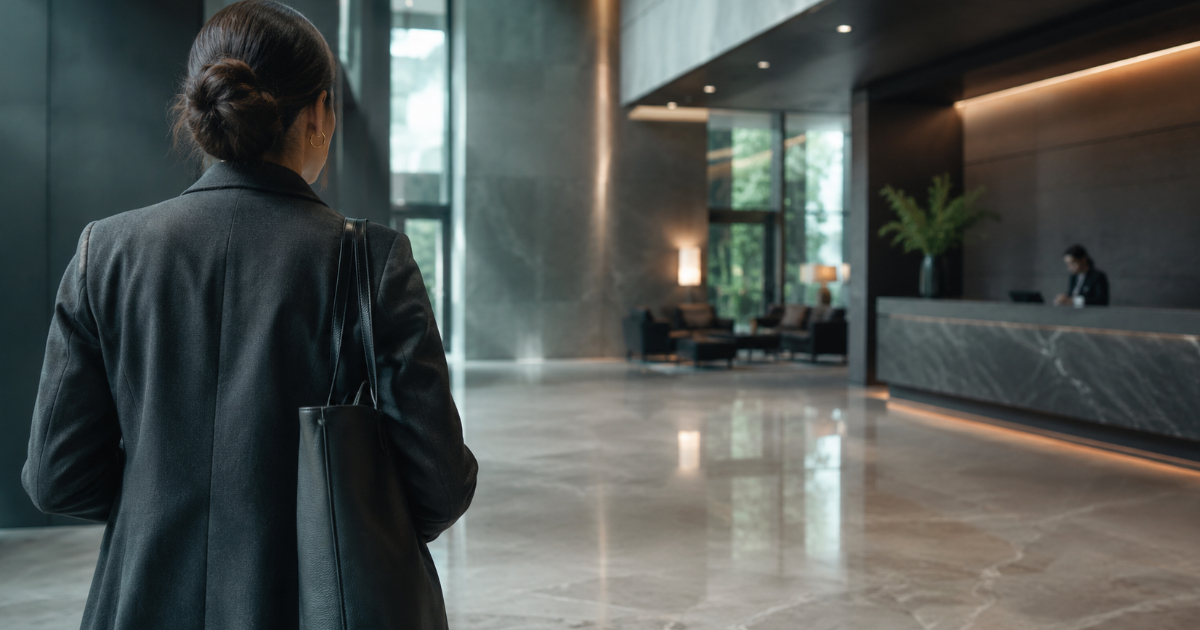 A freelancer walks through a spacious corporate lobby toward reception, tote in hand, conveying vendor-style visits and professional routing