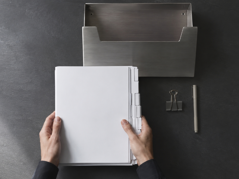 Overhead view of hands sliding a neat document stack toward a wall-mounted metal inbox with blank labels, suggesting the correct corporate submission channel