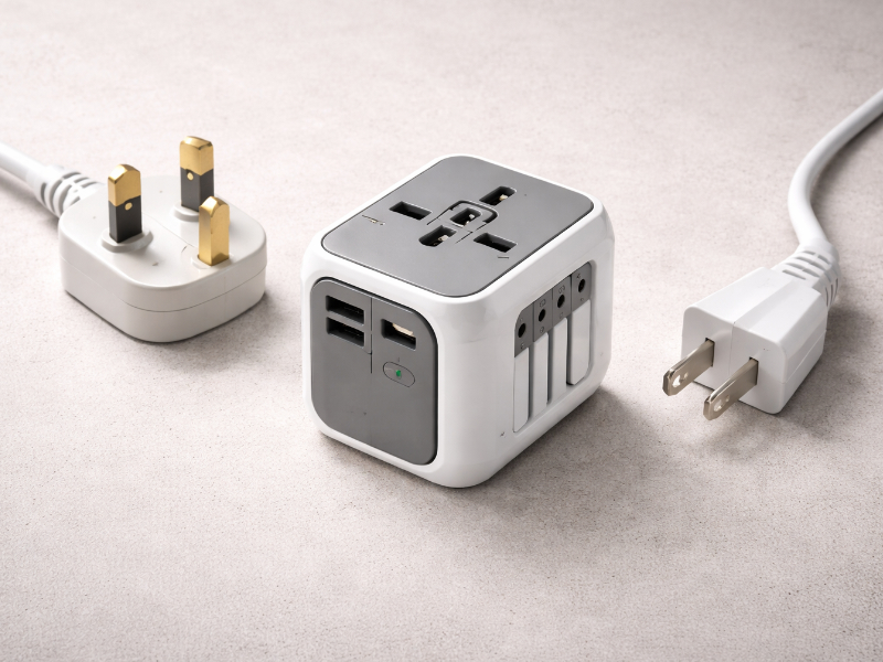 Different plug types and a travel adapter arranged neatly, symbolizing mismatched payment and banking standards across countries