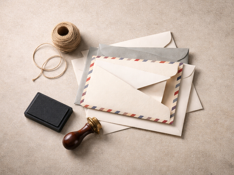 Still life of envelopes, twine, and sealing tools suggesting careful documentation for international client work