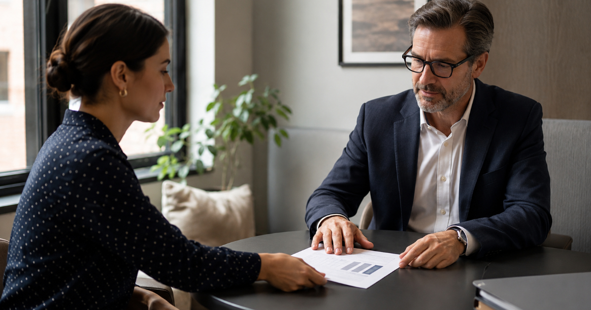 Two people at a meeting table reviewing a printed expense reconciliation sheet during an approval conversation