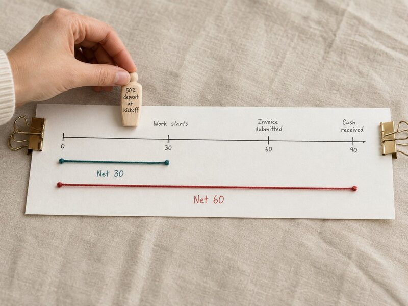 Hand comparing Net 60 and Net 30 payment timelines on a paper strip, adding a deposit marker as a counter-offer