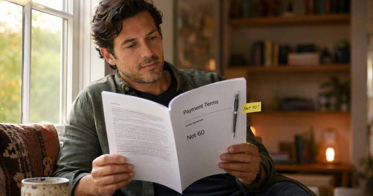 Freelancer reviewing a corporate vendor agreement's Net 60 payment terms and marking a Net 30 counter-offer before signing
