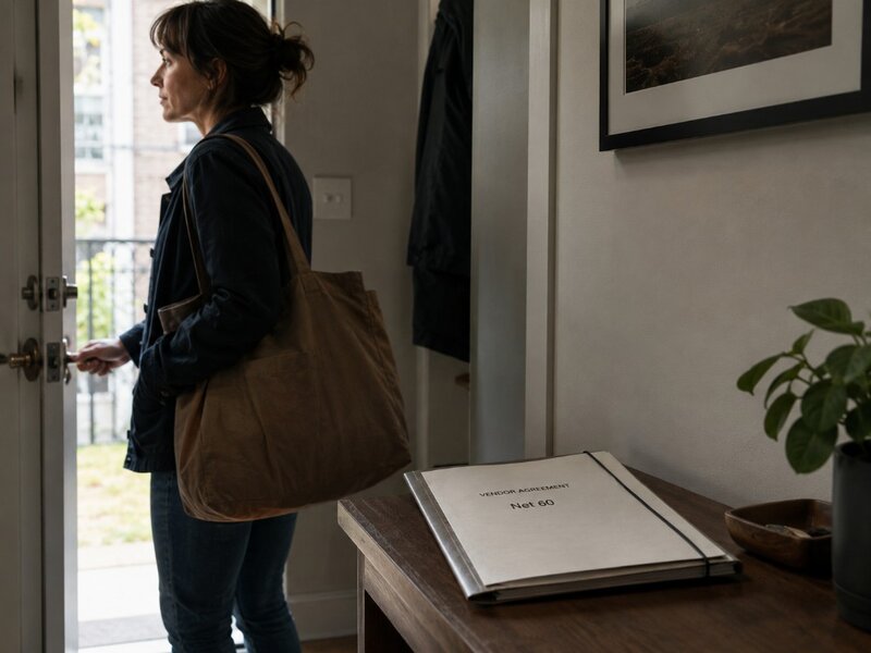 Freelancer at the door leaving an unopened Net 60 vendor agreement behind, deciding to walk away from the deal