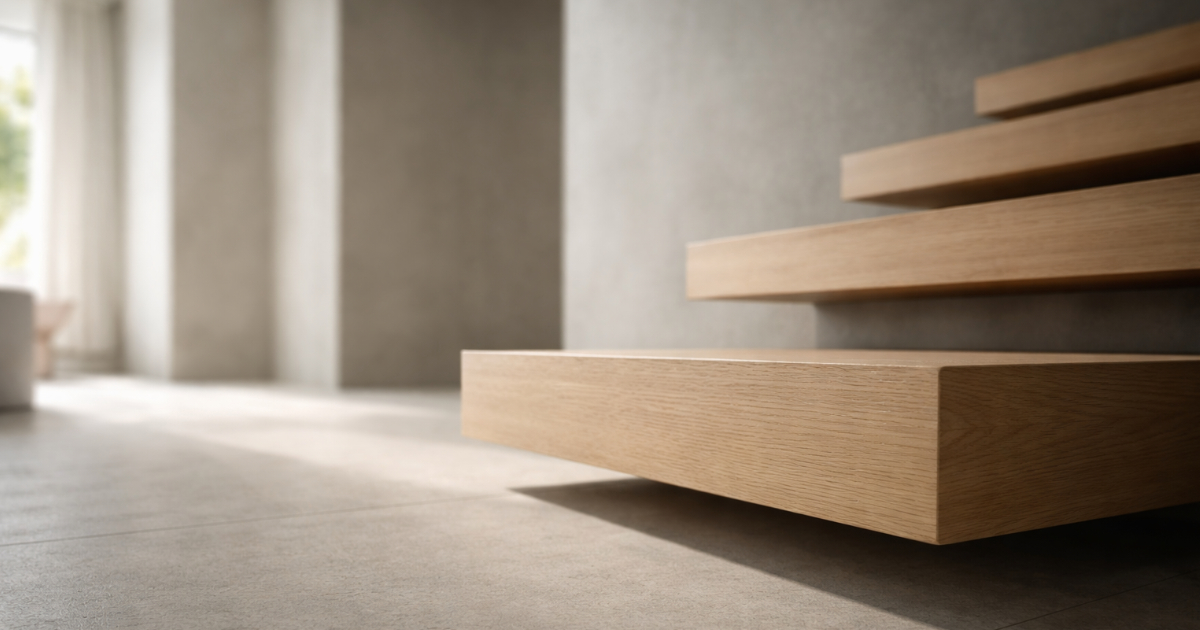 Low-angle editorial photo of the first step of a modern floating staircase in a quiet interior, suggesting the start of establishing a pricing baseline
