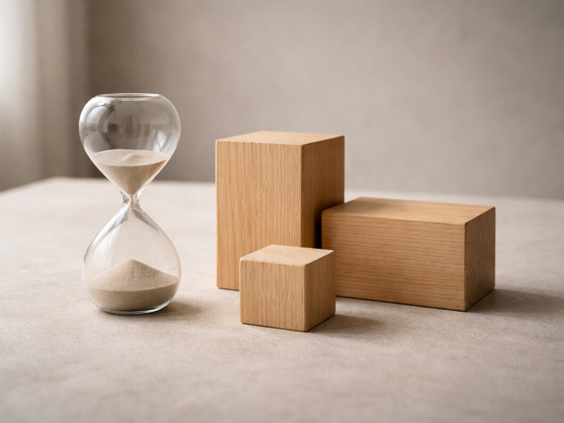 Minimal still life of an hourglass next to plain wooden blocks on a linen surface, evoking time-based pricing versus scoped project work