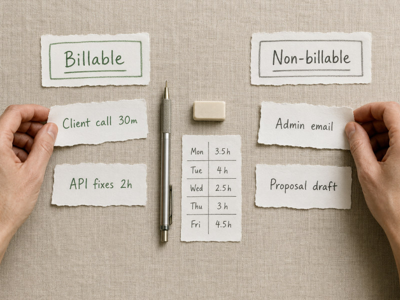 Hands sorting handwritten time slips into billable and non-billable zones during a weekly freelance time review