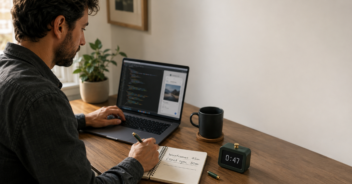 Freelancer at a home desk logging billable minutes in a notebook while a desk timer tracks an active work session