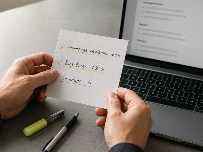 Freelancer comparing a handwritten weekly time summary to draft invoice line items being entered on a laptop