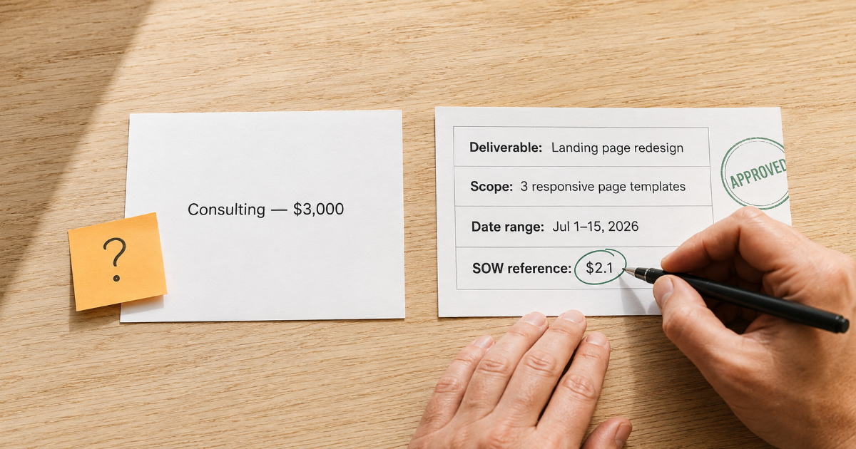 Close-up of a printed invoice with clearly itemized line item descriptions on a clean desk